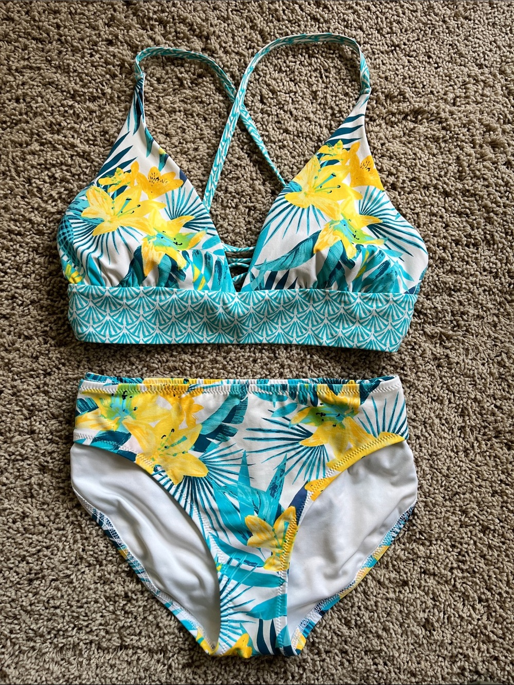 Lands' End Teal & Yellow Tropical Floral Bikini Set